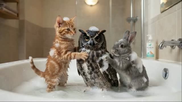 Котёнок и зайчик искупали сову😊 Невероятно приятная ИИ-анимация как Мультики!