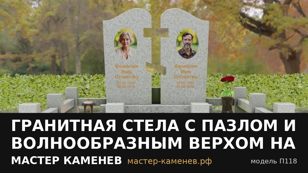Гранитная стела с пазлом и волнообразным верхом на · П118