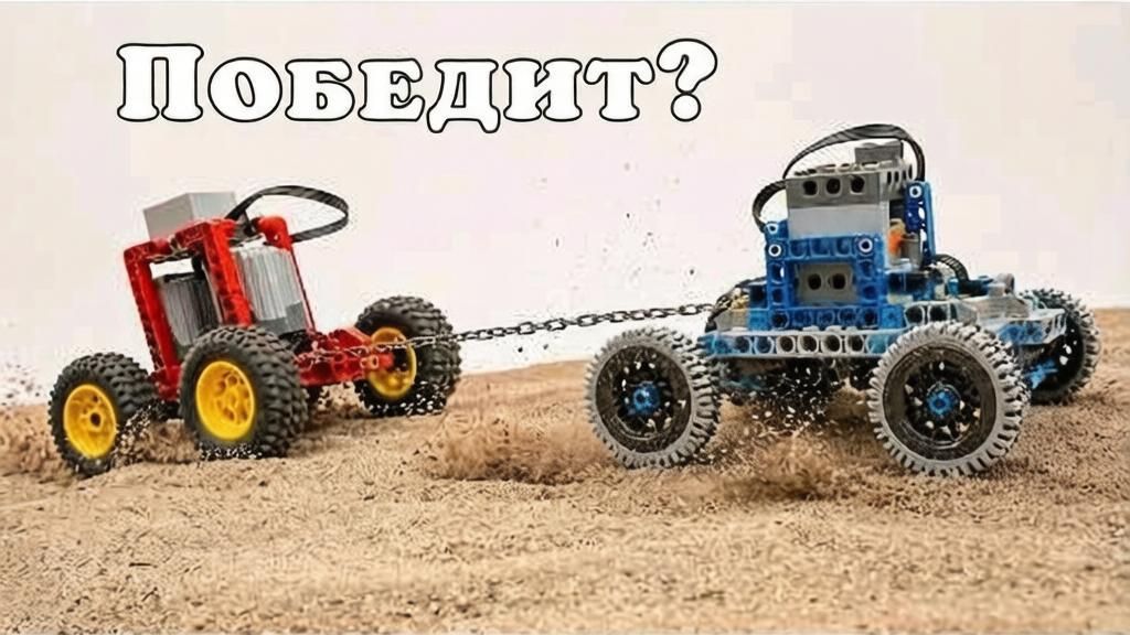 8 Машинок ЛЕГО играют в перетягивание каната на песке - кто победит
