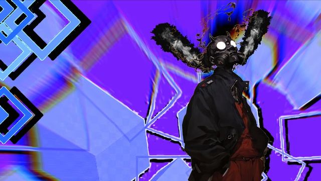 «Фиолетовый вихрь: квадраты в развороте и персонаж в токсичной маске 🟣🎭💨»☆328☆