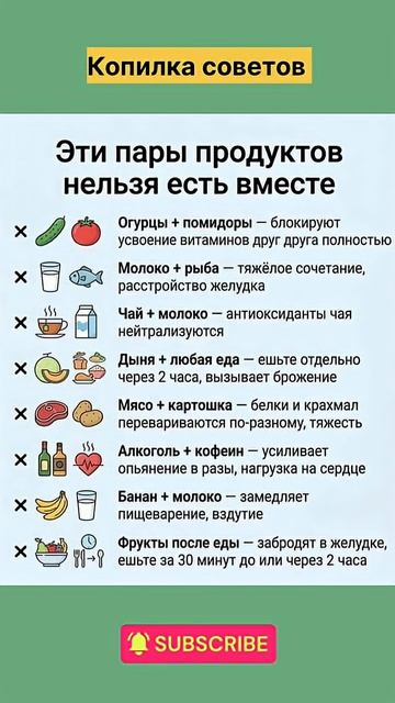 Эти пары продуктов нельзя есть вместе #полезныесоветы #рецепты #зож #здоровье #пп 👤 Копилка совет