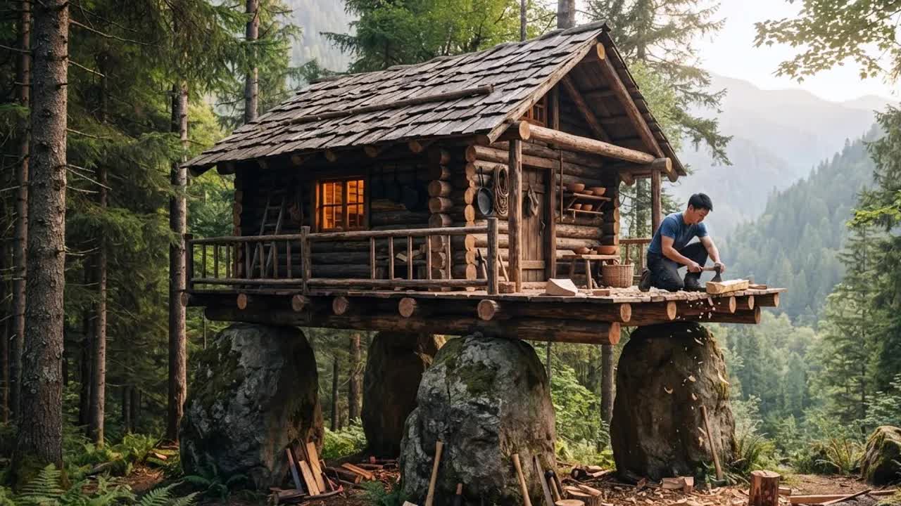 Жизнь в одиночестве в горах 🌿 30 дней строю деревянный дом, ловлю и готовлю рыбу