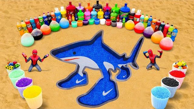 EXPERIMENT: Giant Shark pit Eruption from Balloons of Sodas  Orbeez Big Pepsi Coca Cola vs Mentos