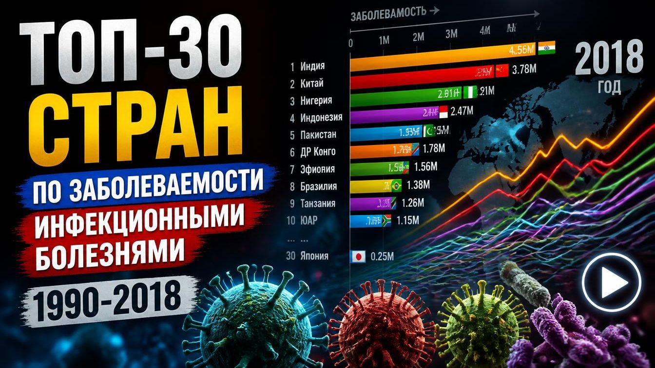 ТОП-30 стран по заболеваемости инфекционными болезнями (1990-2018)