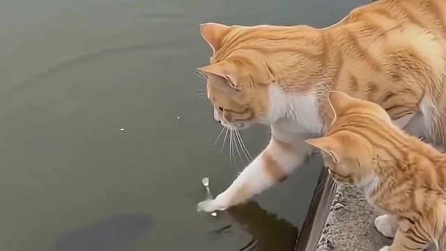 Кошка-мать учит своего котёнка ловить рыбу