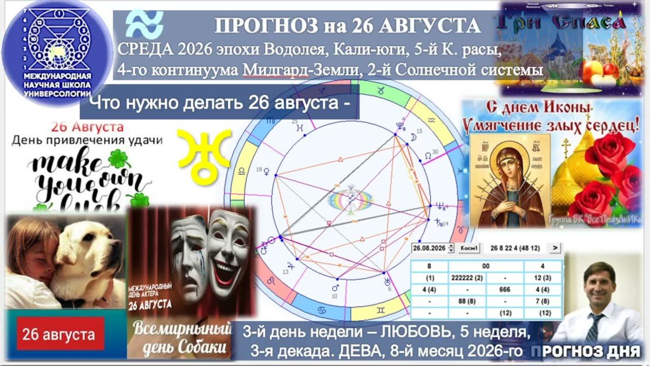 ПРОГНОЗ на 26 АВГУСТА, СРЕДУ, день ЛЮБВИ 2026, эпохи Водолея, 5-й К.расы 2-й Солнечной системы