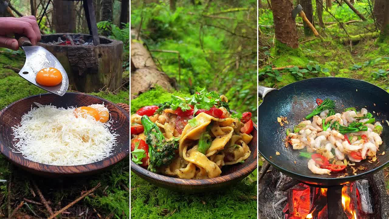 Вкусная паста с креветками на костре в лесной кухне