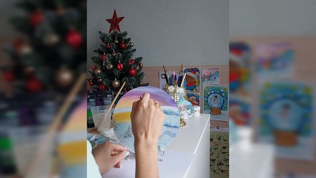 Как нарисовать Зимний пейзаж акрилом на круглом холсте/Урок рисования 
