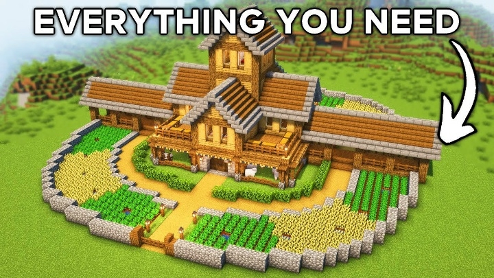 как построить огромный дом в 3 этажа и с 2 фермами в Minecraft