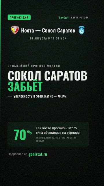 Прогноз на матч Кубок России: Носта — Сокол Саратов — СОКОЛ САРАТОВ ЗАБЬЁТ