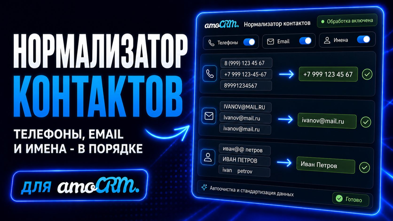 Нормализатор контактов для AmoCRM: порядок в телефонах, Email и именах