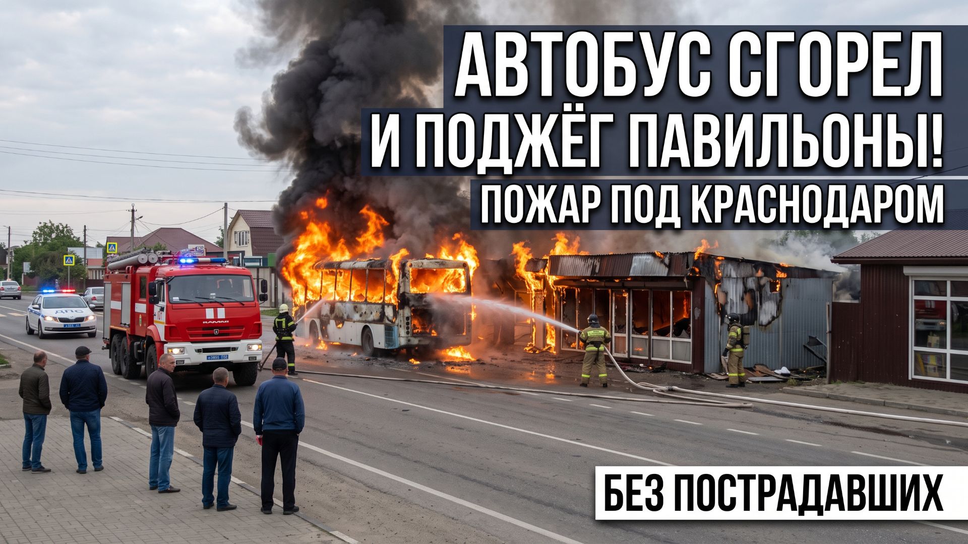 Автобус вспыхнул на глазах у людей под Краснодаром — огонь перекинулся на торговые павильоны