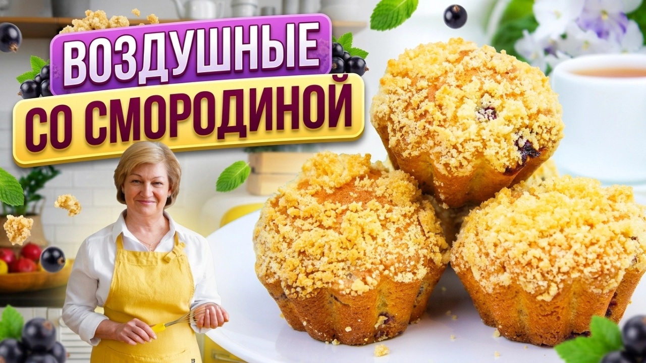 Воздушные кексы с сочной чёрной смородиной! Полчаса в духовке и готово