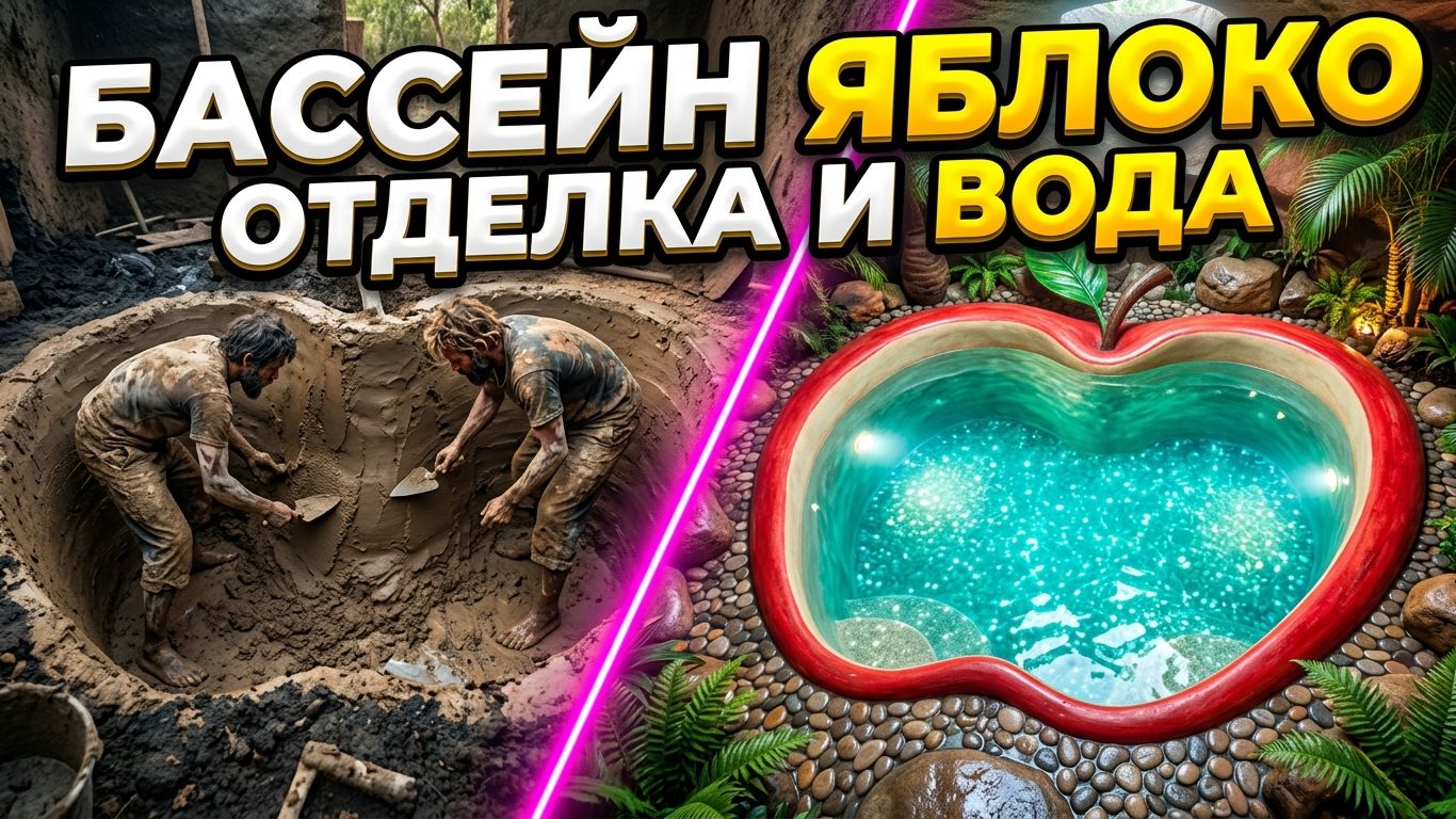 🍏 БАССЕЙН В ФОРМЕ ЯБЛОКА (ЧАСТЬ 2): Гидроизоляция, каменная отделка и чистейшая вода 💧