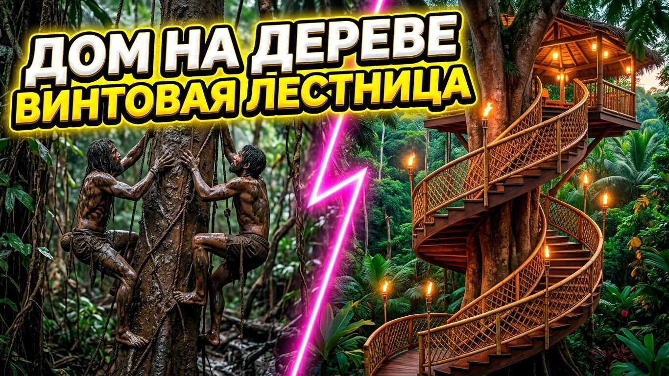 🪜 ДОМ НА ДЕРЕВЕ (ЧАСТЬ 2): Строим спиральную лестницу и перила вокруг ствола 🌿