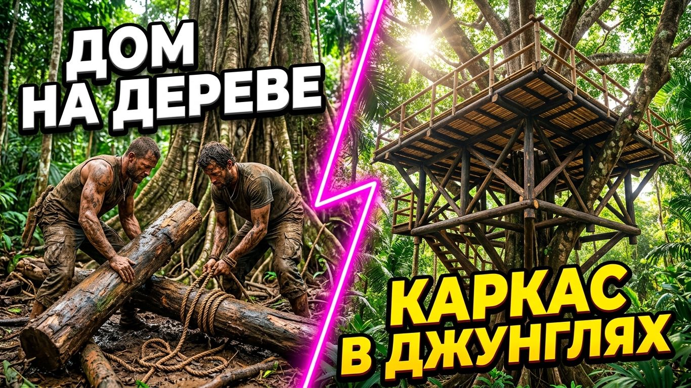 🌲 ДОМ НА ДЕРЕВЕ (ЧАСТЬ 1): Монтаж силового каркаса и платформы на высоте в джунглях 🌴