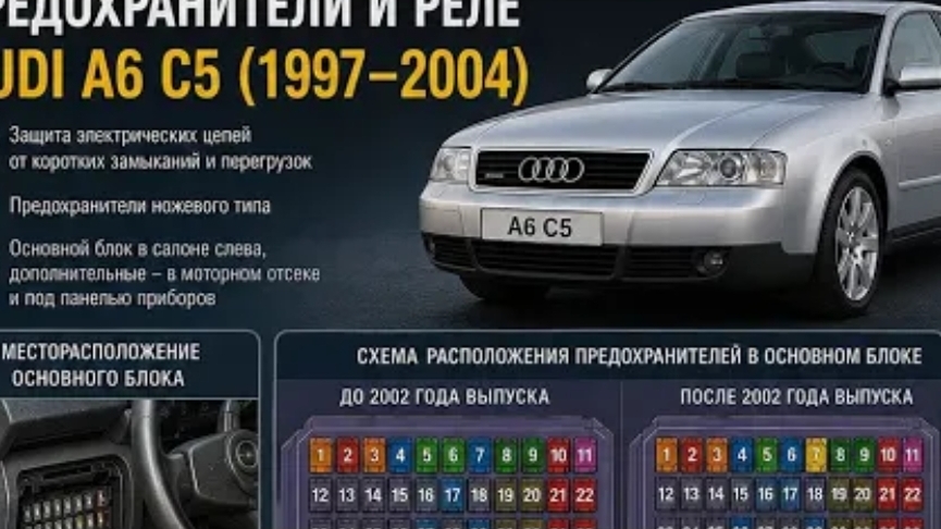 ПРЕДОХРАНИТЕЛИ И РЕЛЕ АУДИ А6 С5 1997 ПО 2004 ГОД.Точная информация