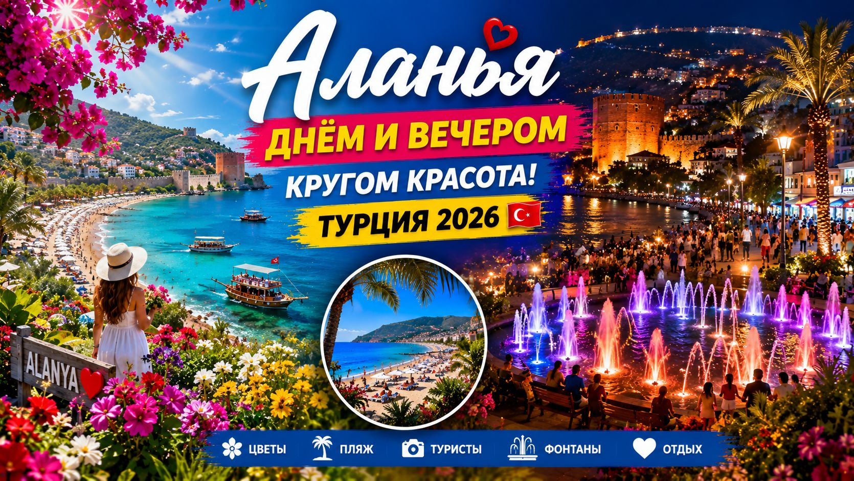 Аланья днём и вечером 🌺🌊✨ Турция 2026 — море, цветы, пляжи и волшебные огни!