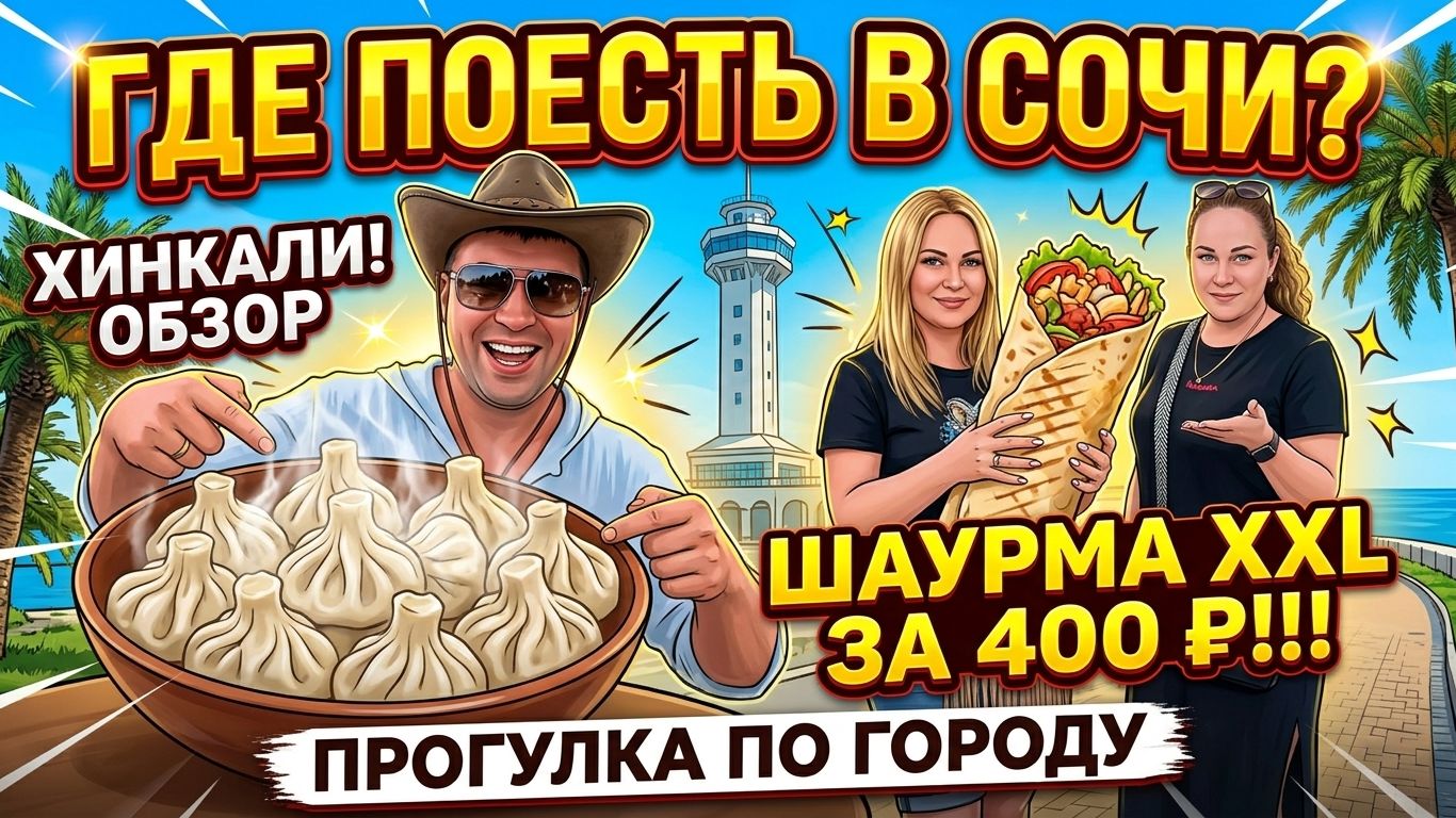 Где поесть в СОЧИ? Обзор ХИНКАЛЬНОЙ и огромная ШАУРМА за 400 рублей!!! Прогулка по городу!!!
