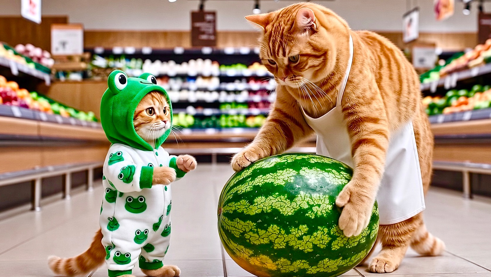 Мама кошка и котёнок и арбуз ❤️ Милые ИИ Мультики для Детей