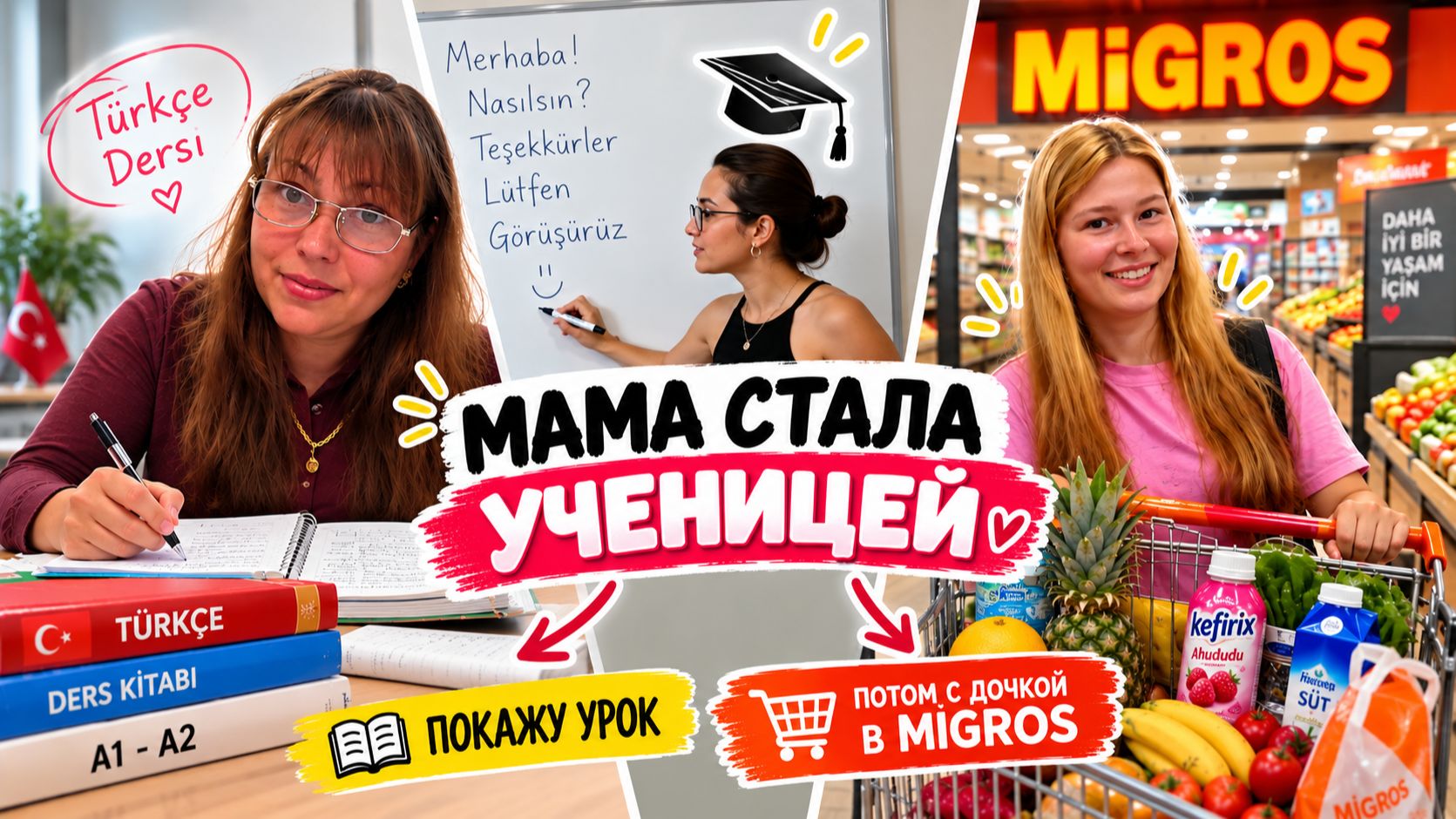 МАМА СТАЛА УЧЕНИЦЕЙ! Покажу урок!  Потом идем в Migros за продуктами. ДОЧКА ПОМОГАЕТ