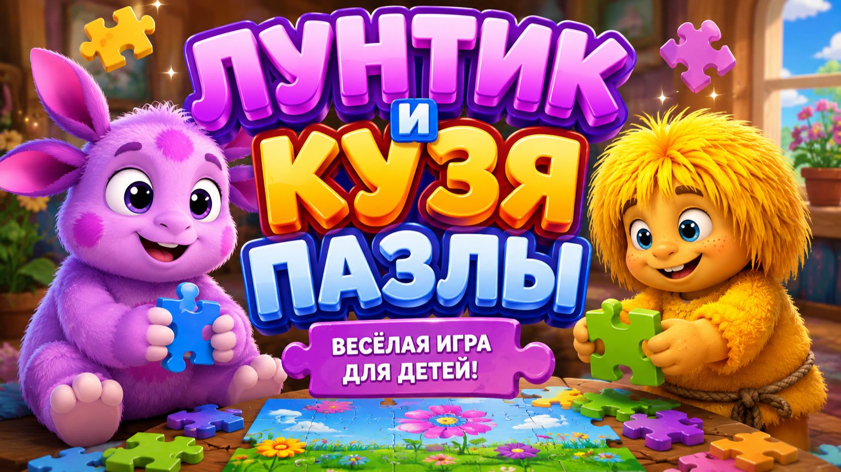 🧩 Лунтик и Кузя собирают пазлы! Весёлая игра для детей | Мультик для малышей