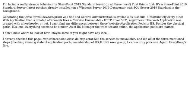 Sharepoint: SP2019 - Service Unavailable HTTP Error 503