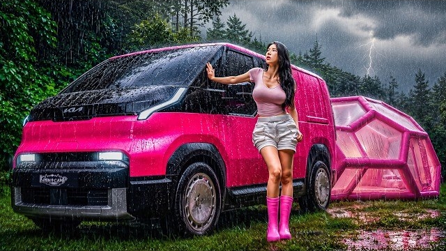 Кемпинг под проливным дождем на новом розовом Kia PV5. Бушкрафт АСМР