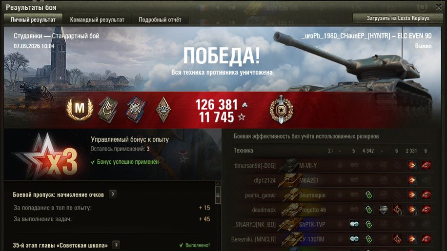 СТУДЗЯНКИ МАСТЕР на ELC EVEN 90 ОПЫТ: 1535 СУММАРНЫЙ УРОН: 6673 медаль ВОИН