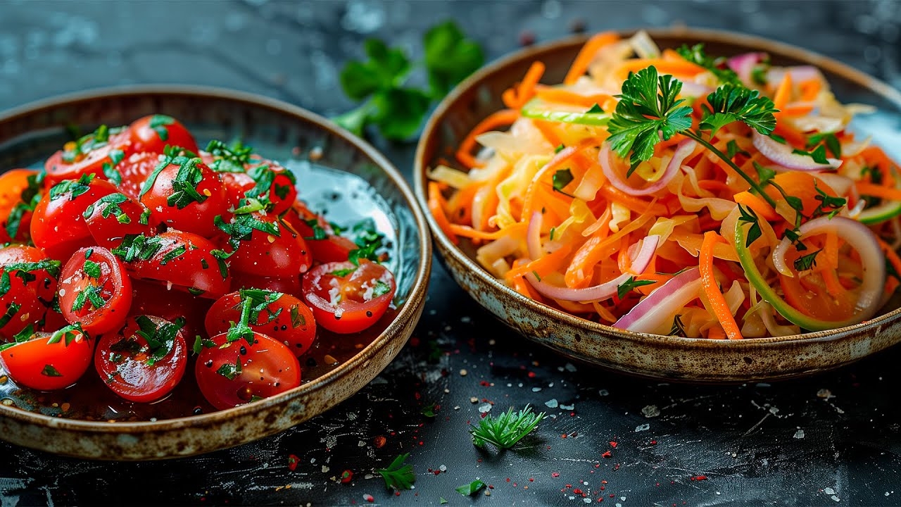 Рецепт вкусных салатов. Два овощных салата к шашлыку.
