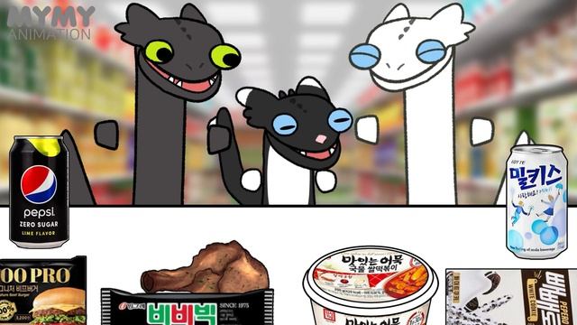 Toothless VS Light Fury +Catnap - Convenience Store BLACK WHITE MUKBANG Toothless Dancing Meme ASMR