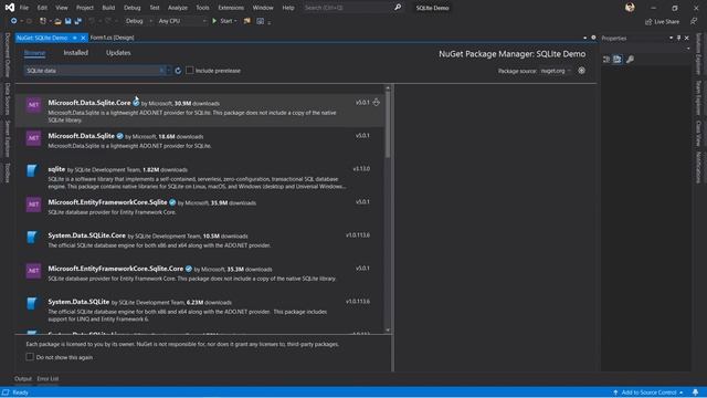 SQLITE  C# -  Install Microsoft Data SQLite
