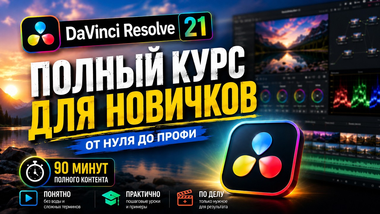 DaVinci Resolve 21 — ПОЛНЫЙ КУРС для начинающих с НУЛЯ | Монтаж, цвет, звук (2026)