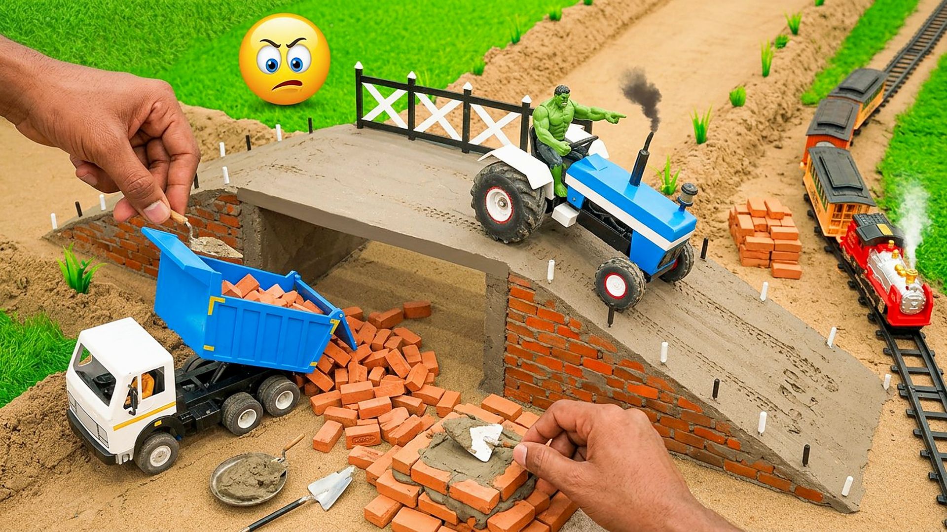 Мини-трактор строит кирпичный надземный мост | DIY мини-стройка. Мультики. Мультики для малышей