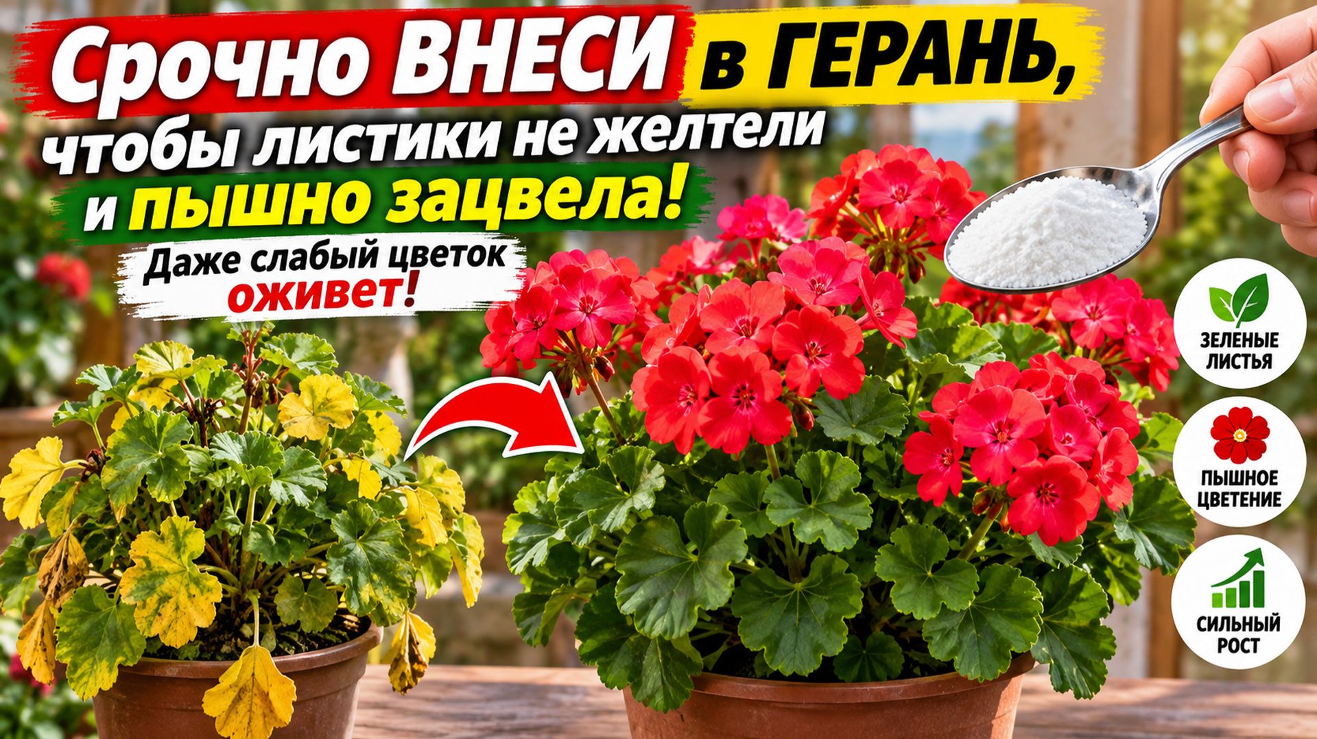 Срочно ВНЕСИ в ГЕРАНЬ, чтобы листики не желтели и пышно зацвела! Даже слабый цветок оживет