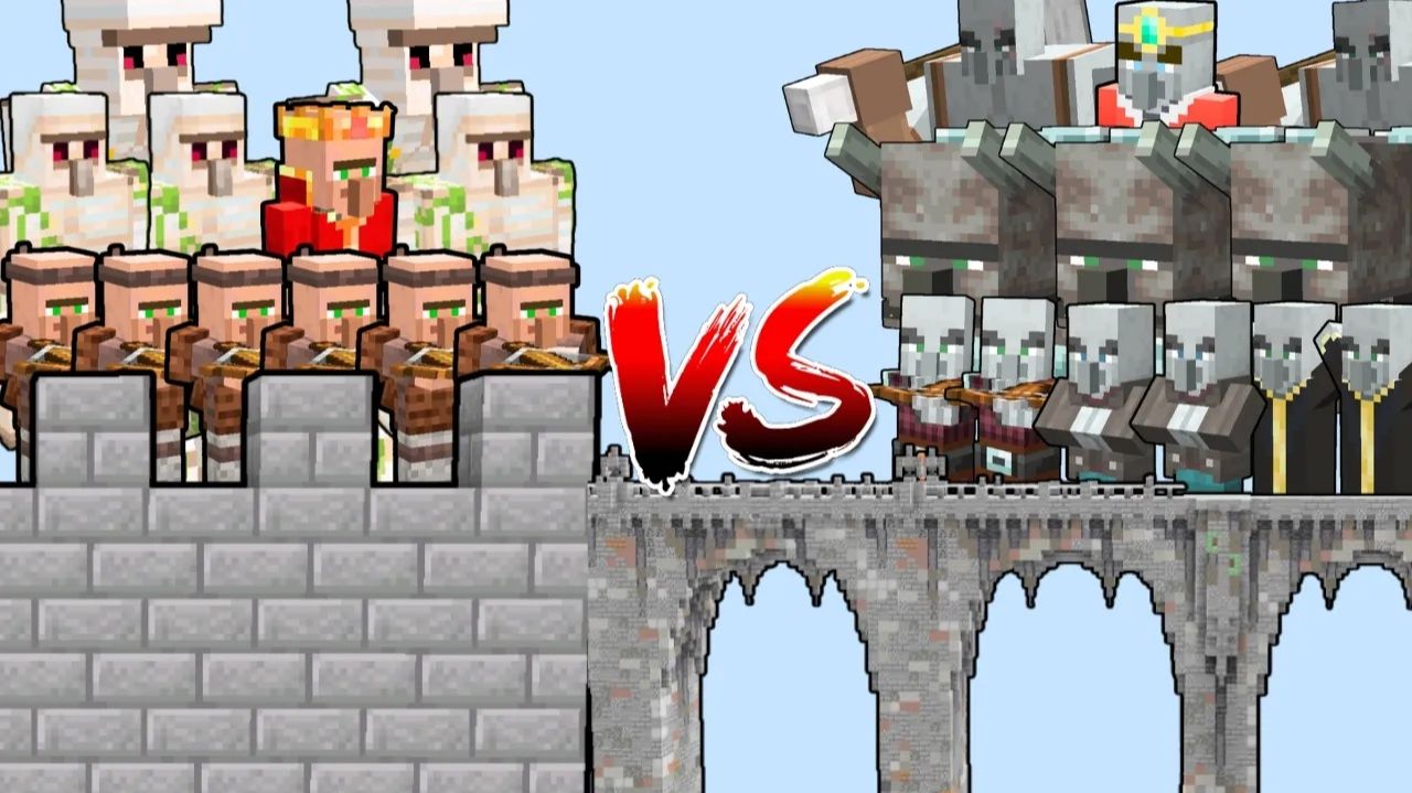 Сможет ли армия иллагеров перейти мост и разрушить замок жителей? | Minecraft Mob Battle