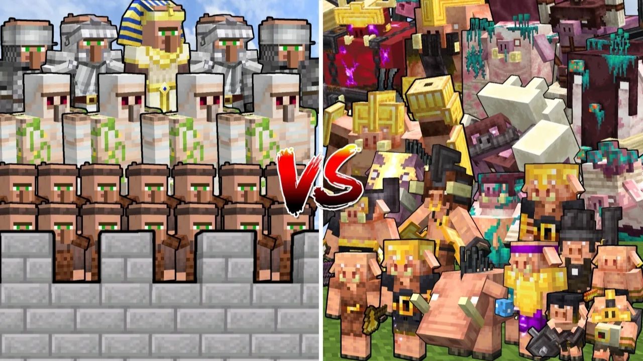 Все виды пиглинов VS замок жителей — битва мобов в Minecraft