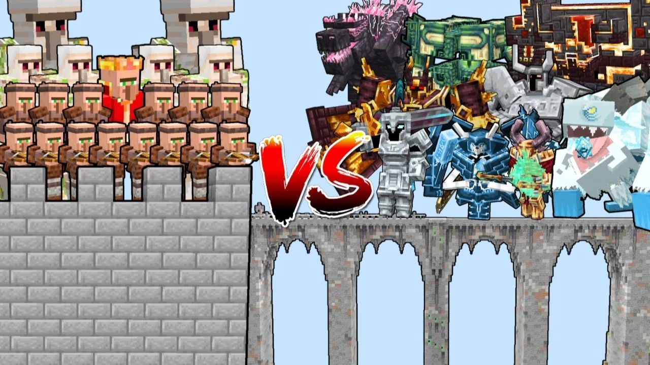 Какой БОСС сможет перейти мост и разрушить замок жителей? | Minecraft Mob Battle