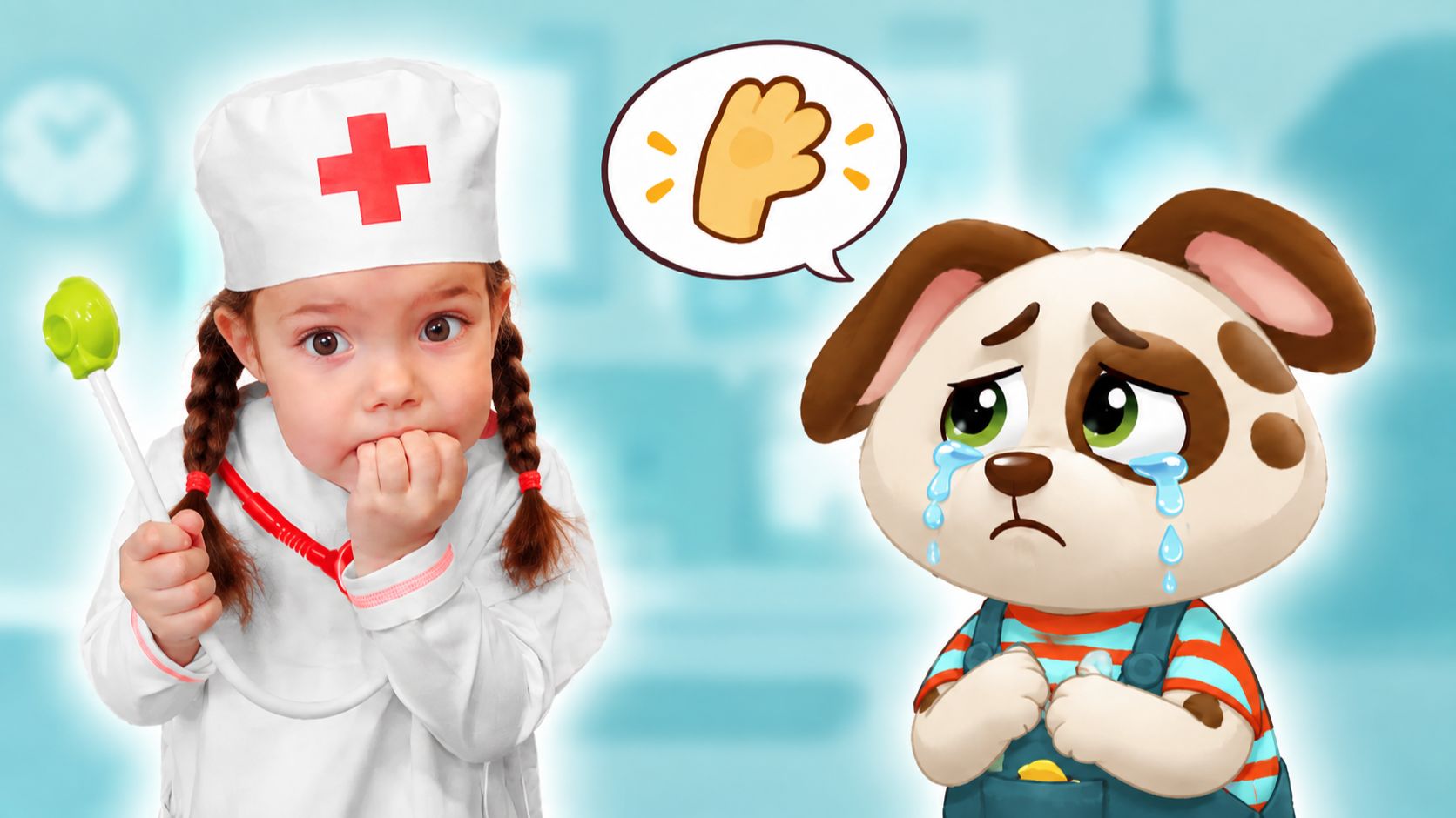 Настя и собачка Дуду играют в игре в больницу