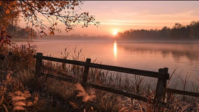 Осеннее озеро на рассвете 4K — звуки природы и сверчки (2 часа)