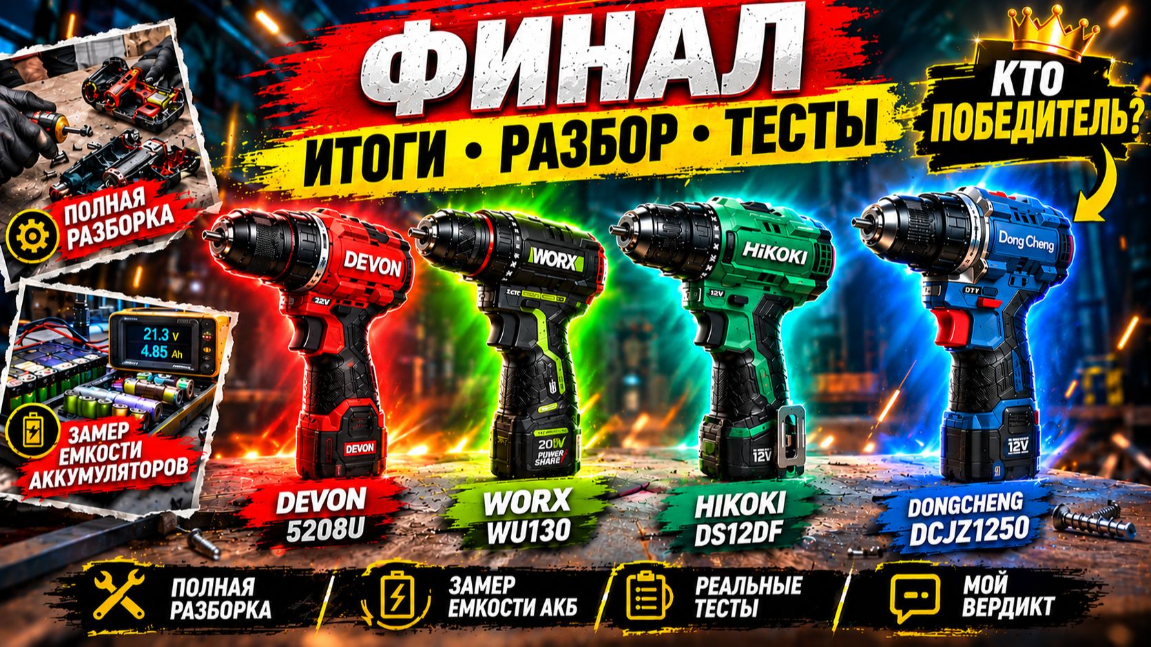 ФИНАЛ БИТВЫ 12V!! Разборка, замер АКБ и выбор лучшего шуруповерта!