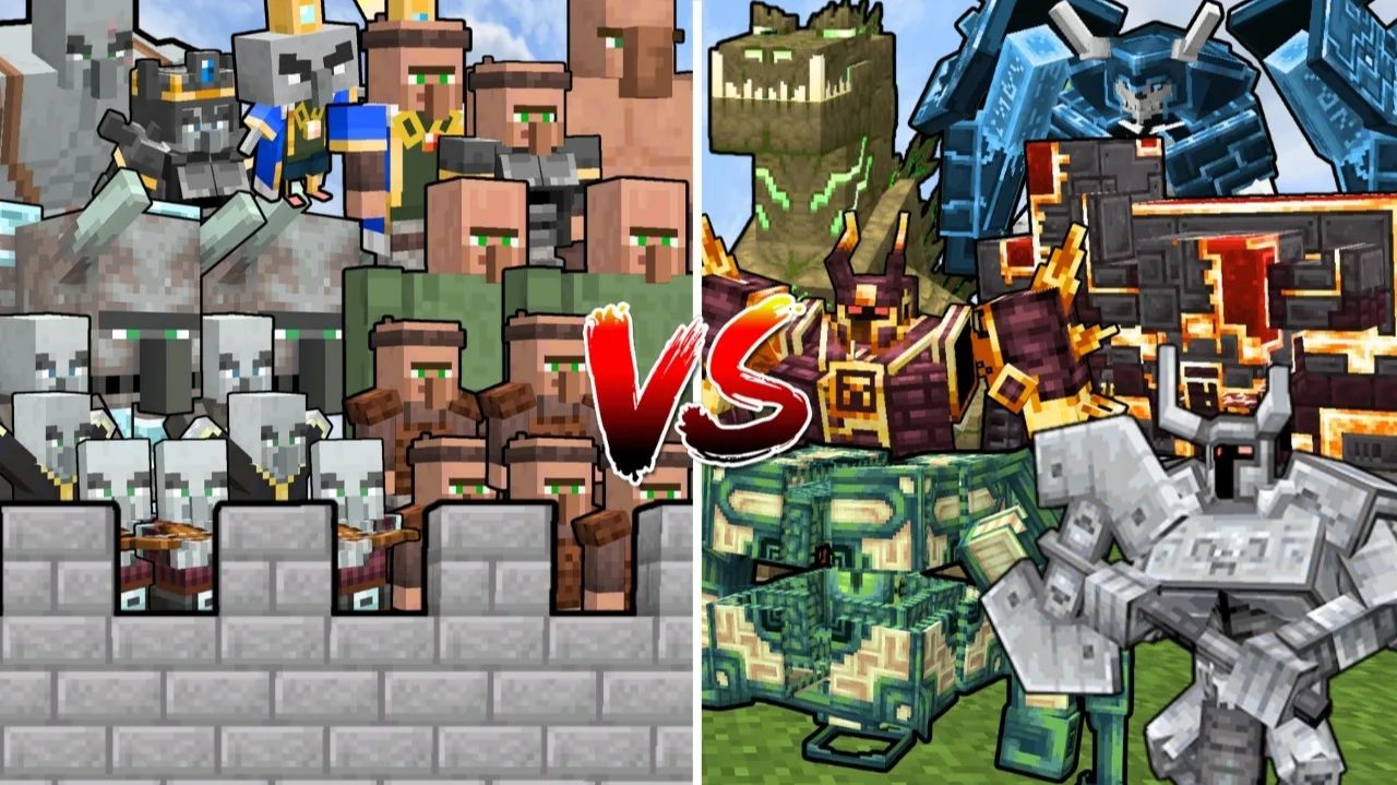 Самые мощные босс-мобы VS союз жителей и разбойников в замке Minecraft