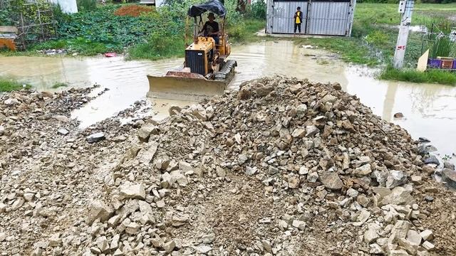 Incredible Machinery Action With Dozer & Dump Truck BIG STONE UNLOAD INTO FLOOD