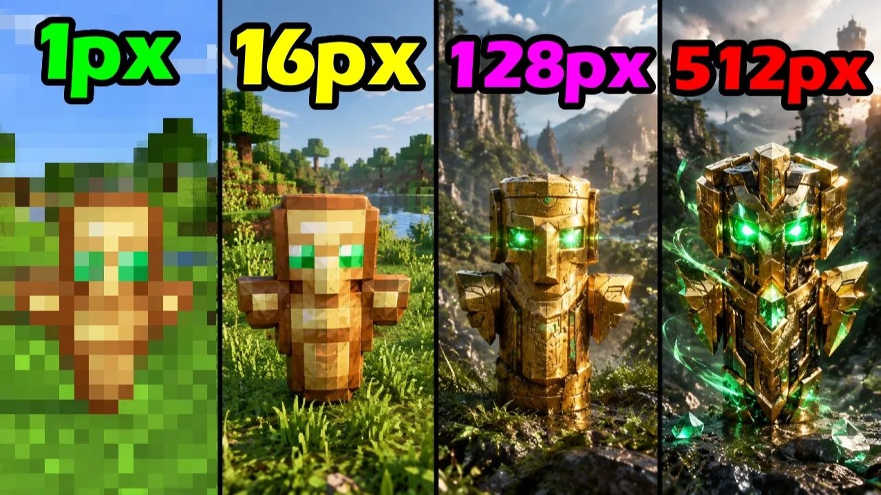 Эксперимент в Minecraft: 1px VS 8px VS 16px VS 64px VS 128px VS 512px — вот что получилось!