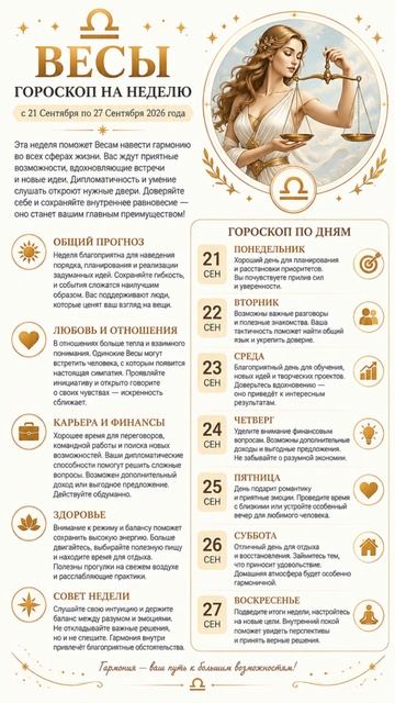 Весы. Полный гороскоп на неделю с 21 по 27 Сентября 2026 г