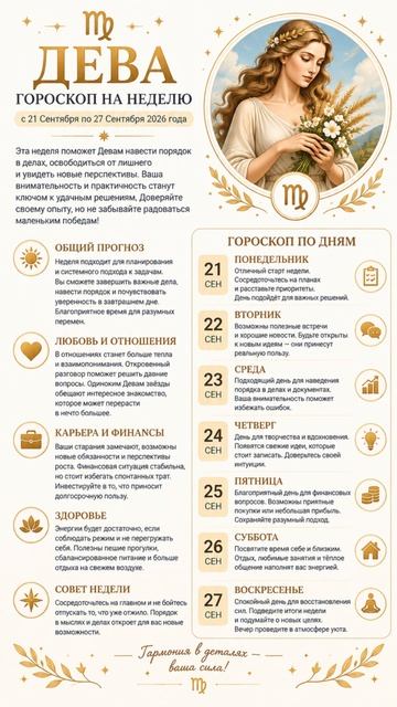 Дева. Полный гороскоп на неделю с 21 по 27 Сентября 2026 г