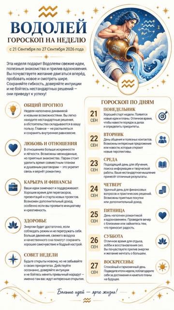 Водолей  Полный гороскоп на неделю с 21 по 27 Сентября 2026 г
