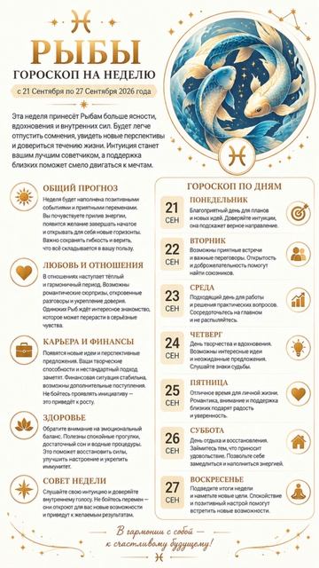 Рыбы  Полный гороскоп на неделю с 21 по 27 Сентября 2026 г