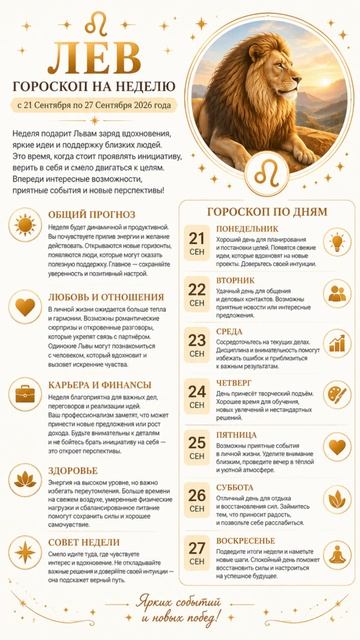 Лев. Полный гороскоп на неделю с 21 по 27 Сентября 2026 г
