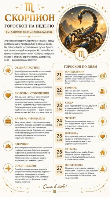 Скорпион  Полный гороскоп на неделю с 21 по 27 Сентября 2026 г